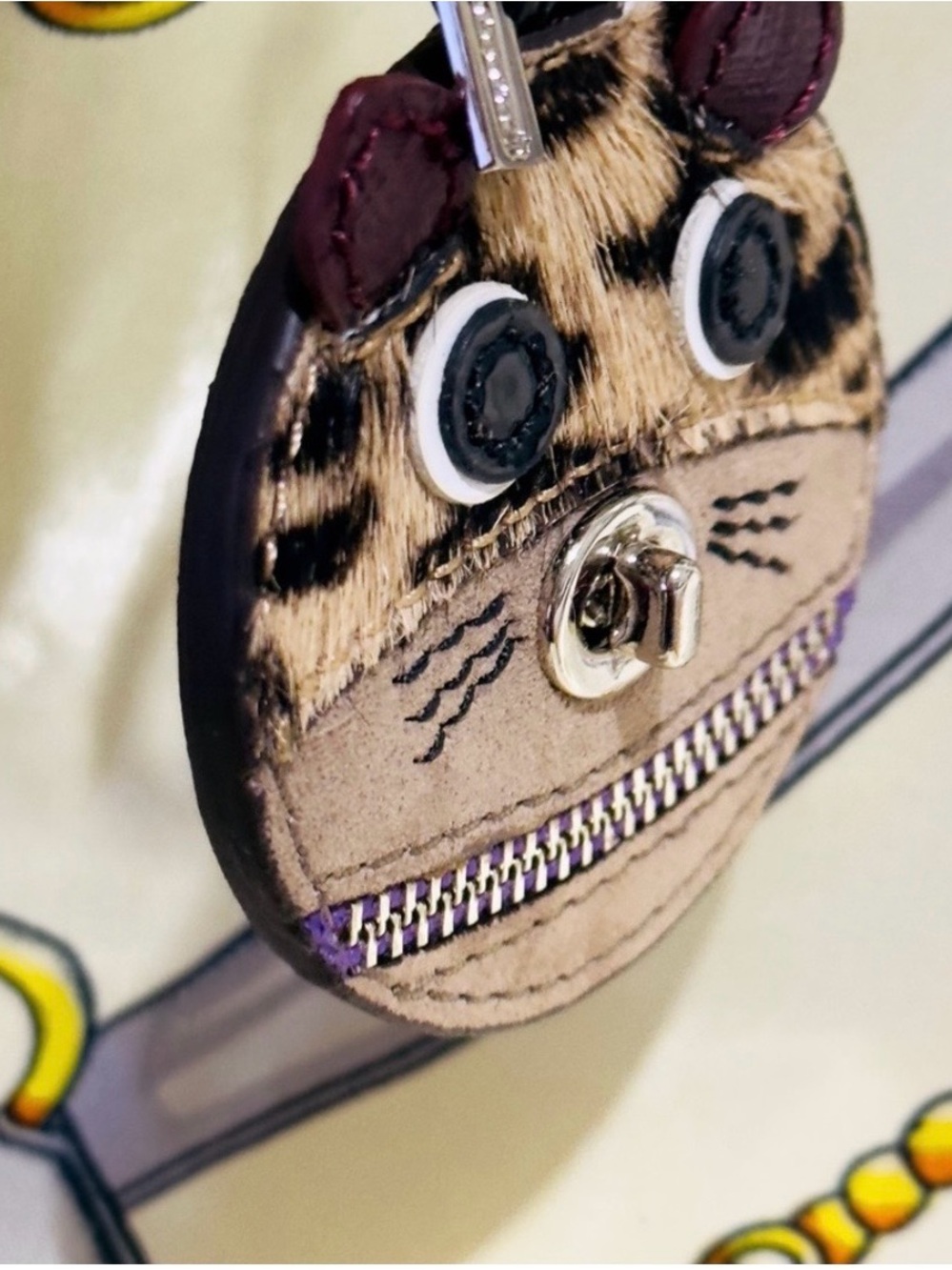Coach Gold and Purple Animal Face Leather Keychain